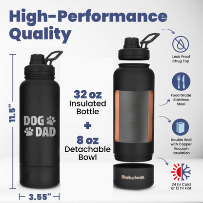 Insulated Stainless Steel Dog Water Bottle with Bowl 32oz