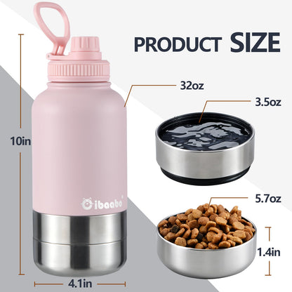 Insulated Dog Water Bottle with Dual Bowls 32oz