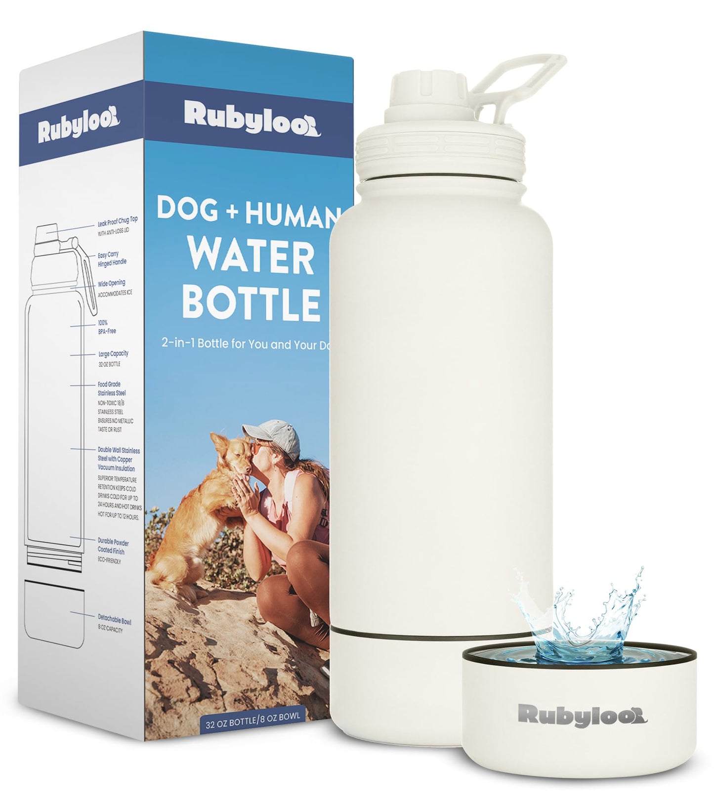 Insulated Stainless Steel Dog Water Bottle with Bowl 32oz