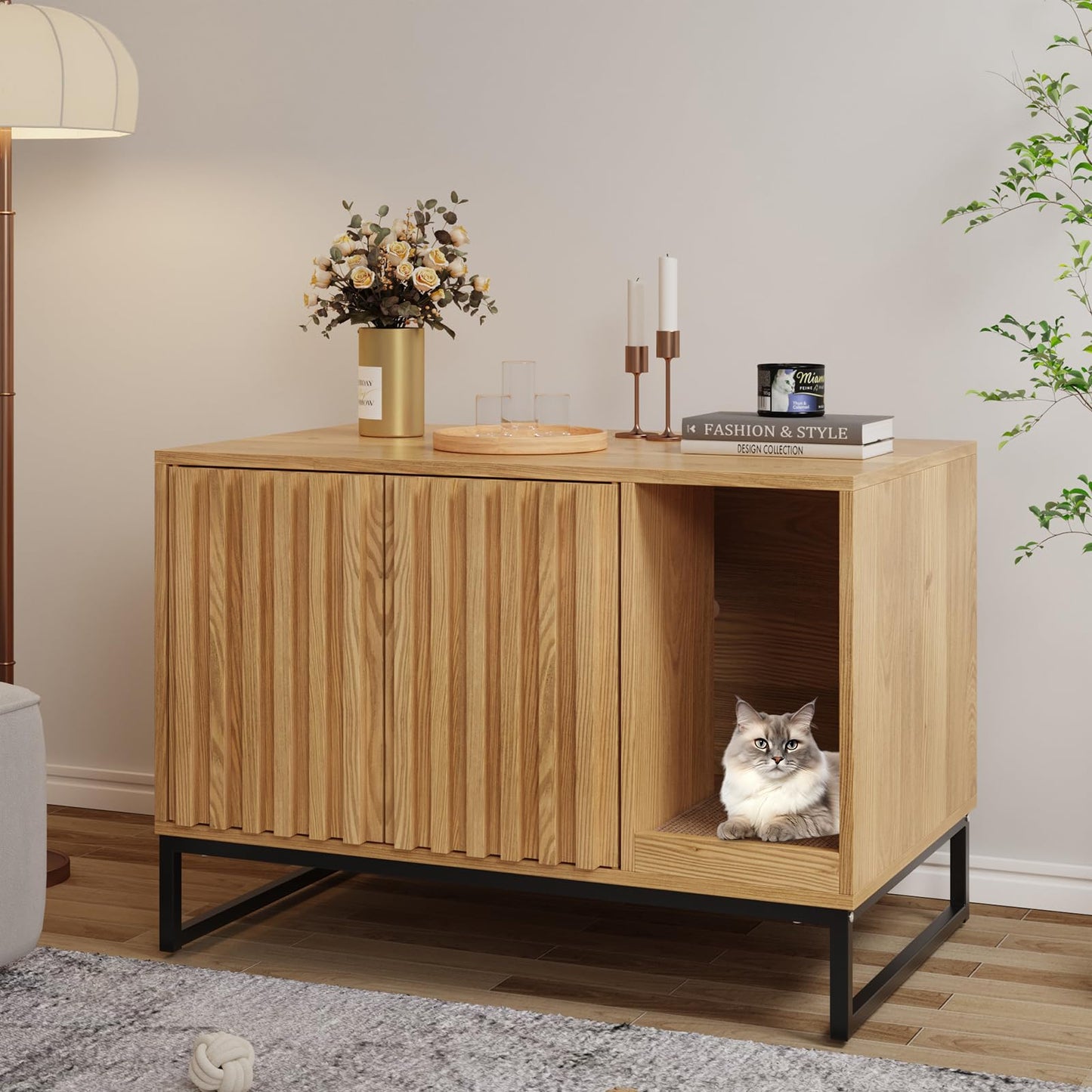 Hidden Cat Litter Box Enclosure Furniture Bench Cabinet