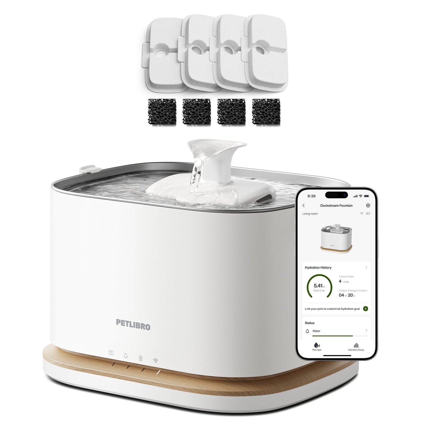 Cordless Cat Water Fountain WiFi App 3L Stainless Steel