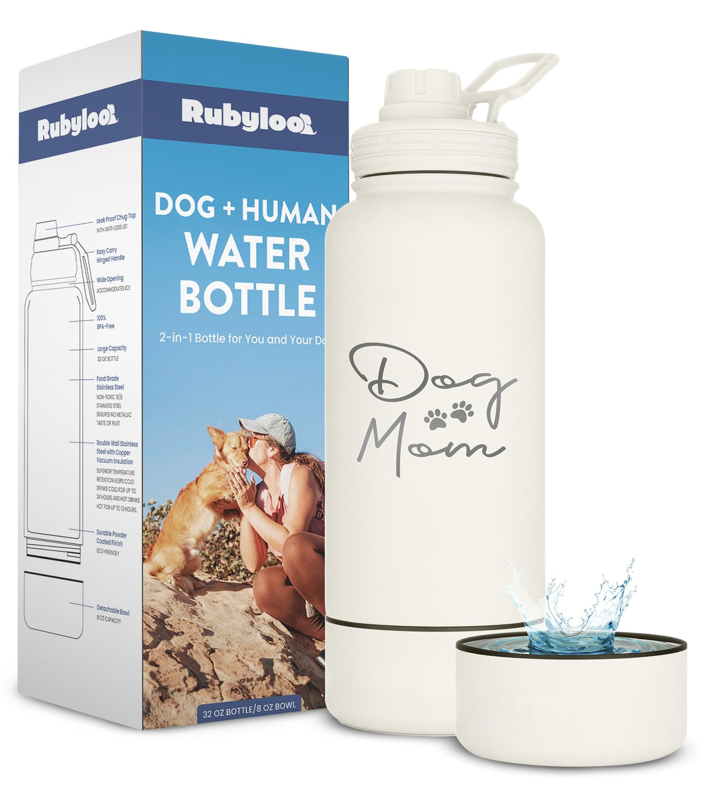 Insulated Stainless Steel Dog Water Bottle with Bowl 32oz