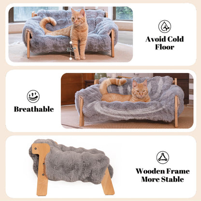 Elevated Cat Couch Bed Wooden Sofa with Washable Cover