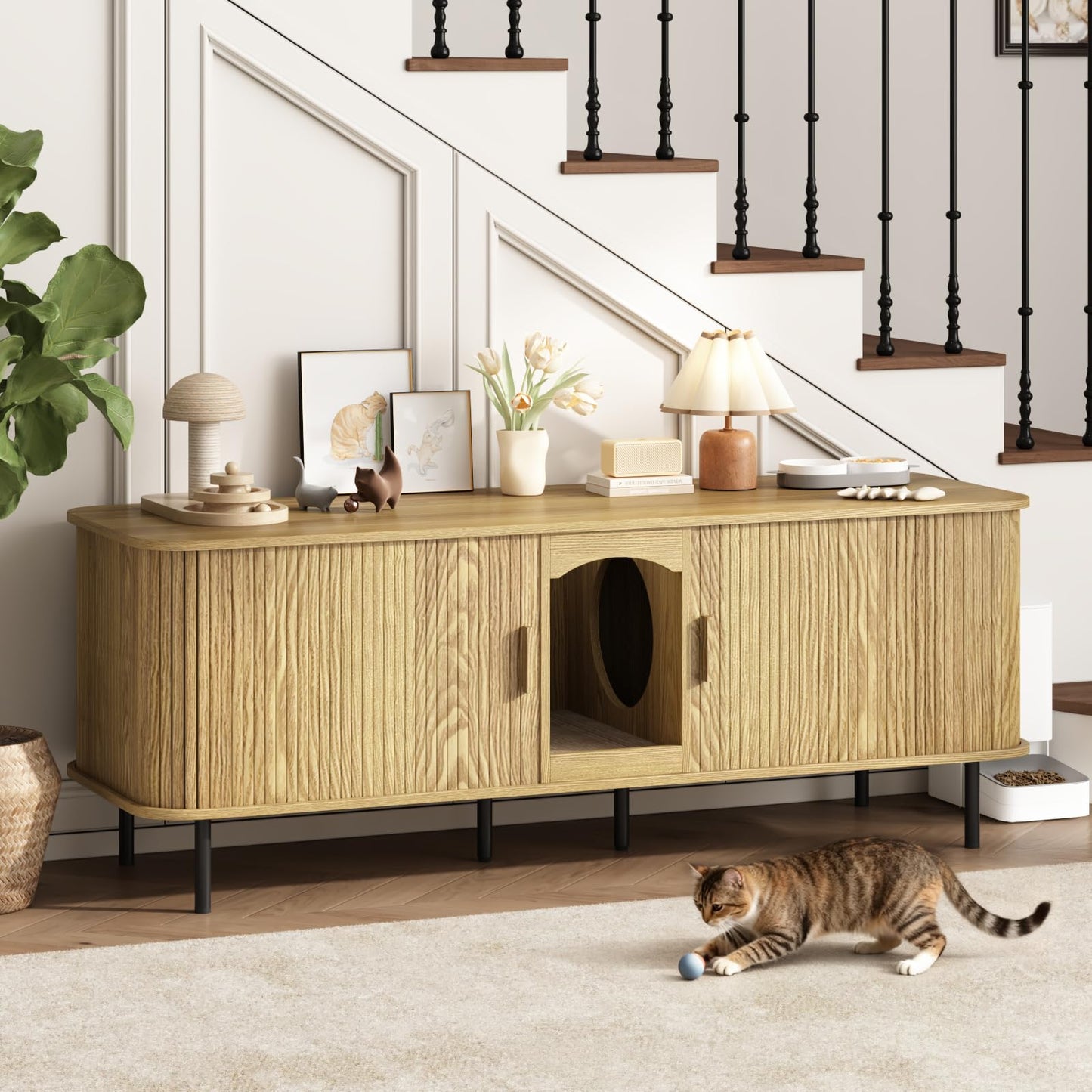 Hidden Cat Litter Box Furniture Cabinet with Scratcher