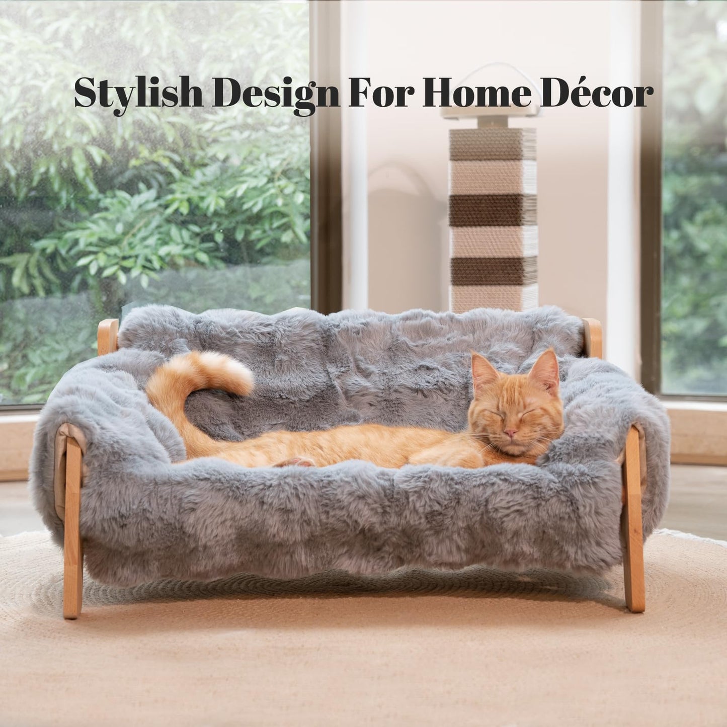 Elevated Cat Couch Bed Wooden Sofa with Washable Cover