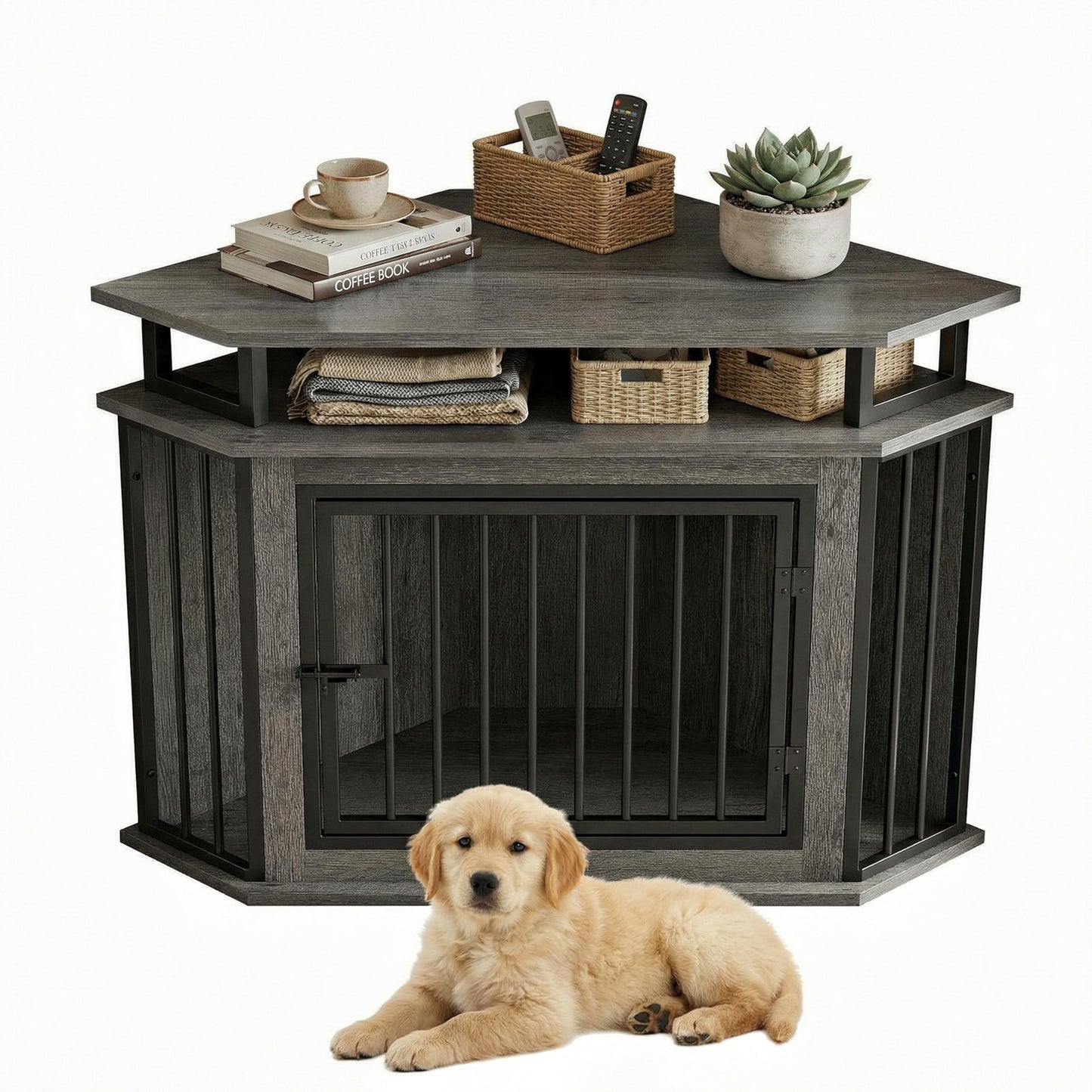 Corner Dog Crate Furniture with Storage Shelves
