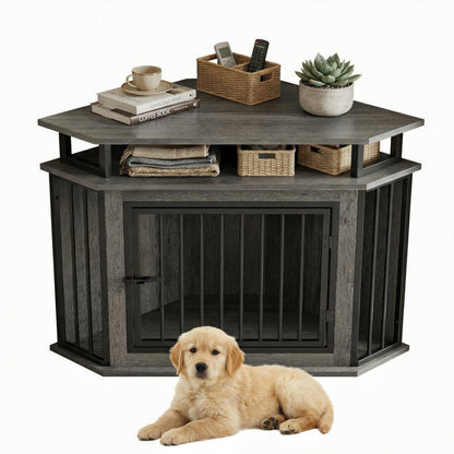 Corner Dog Crate Furniture with Storage Shelves