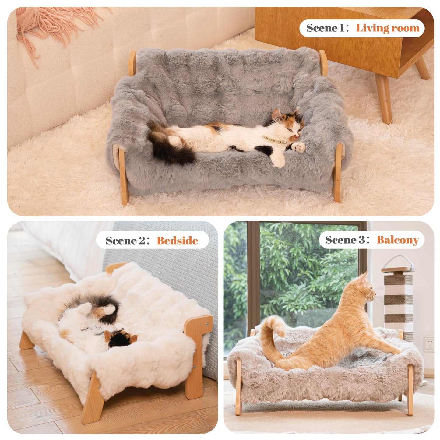 Elevated Cat Couch Bed Wooden Sofa with Washable Cover