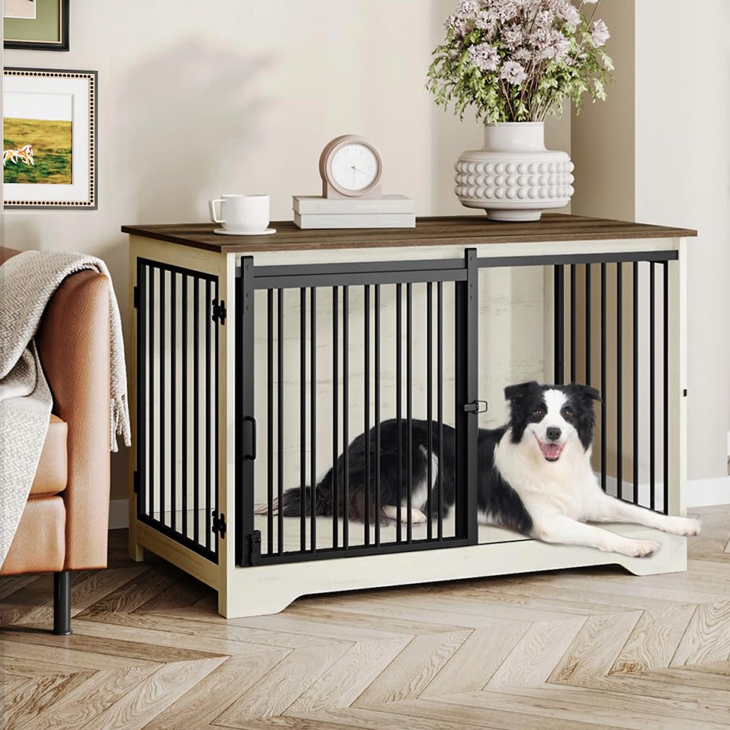 Dog Crate Furniture with Barn Door Heavy Duty Indoor