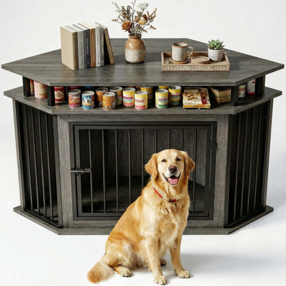 Corner Dog Crate Furniture with Storage Shelves