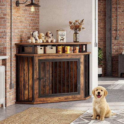 Corner Dog Crate Furniture with Storage Shelves