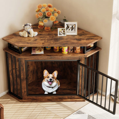 Corner Dog Crate Furniture with Storage Shelves