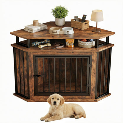 Corner Dog Crate Furniture with Storage Shelves