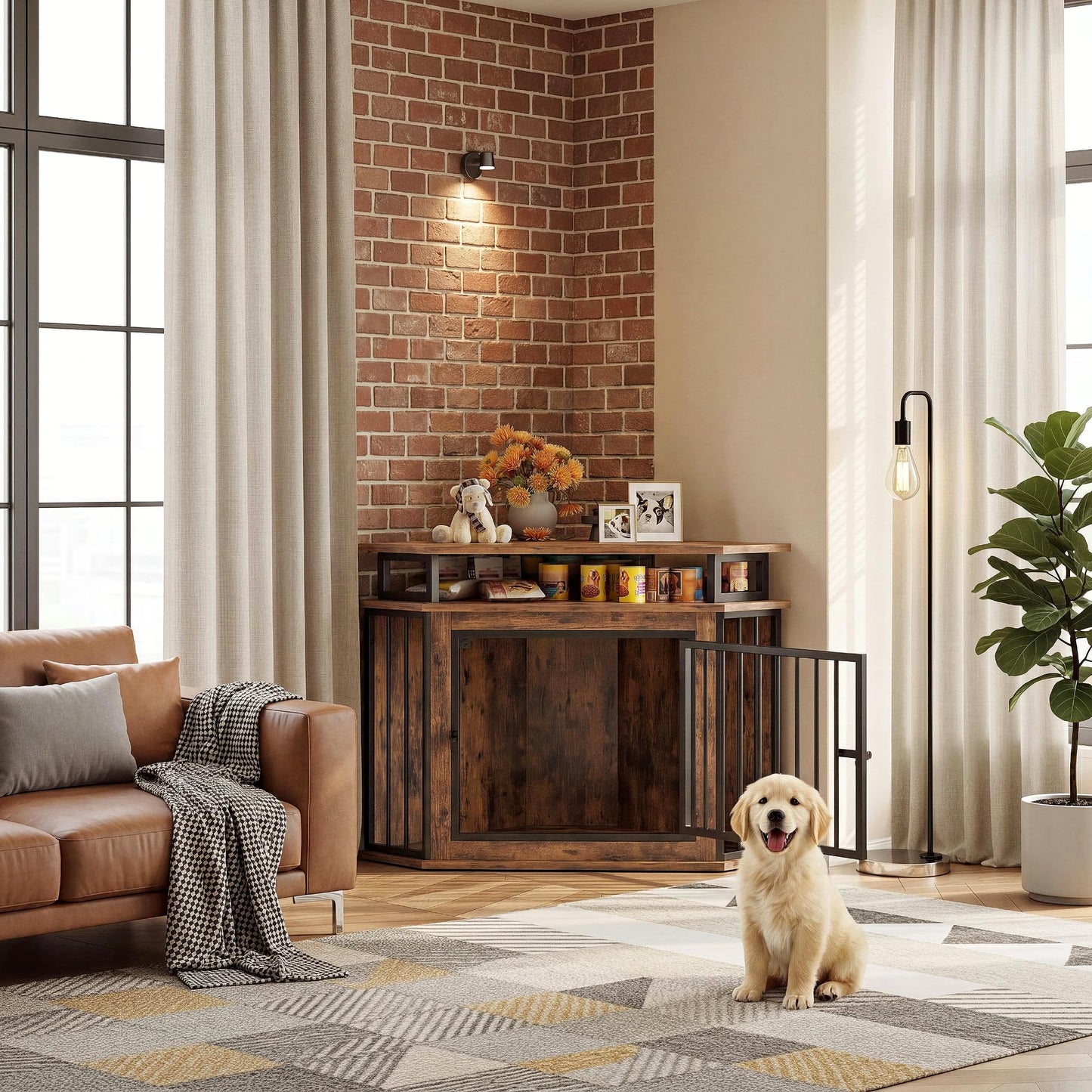 Corner Dog Crate Furniture with Storage Shelves