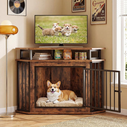 Corner Dog Crate Furniture with Storage Shelves