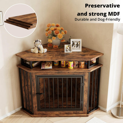 Corner Dog Crate Furniture with Storage Shelves
