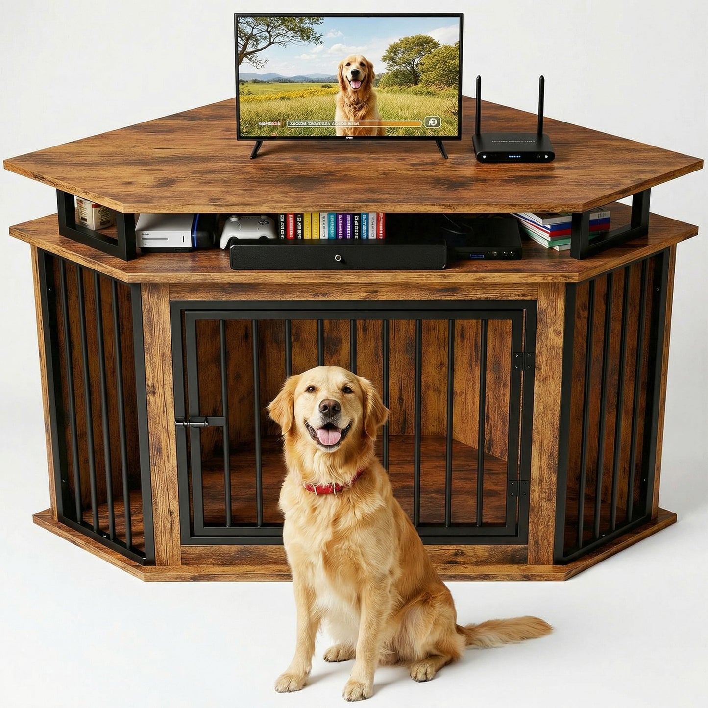 Corner Dog Crate Furniture with Storage Shelves